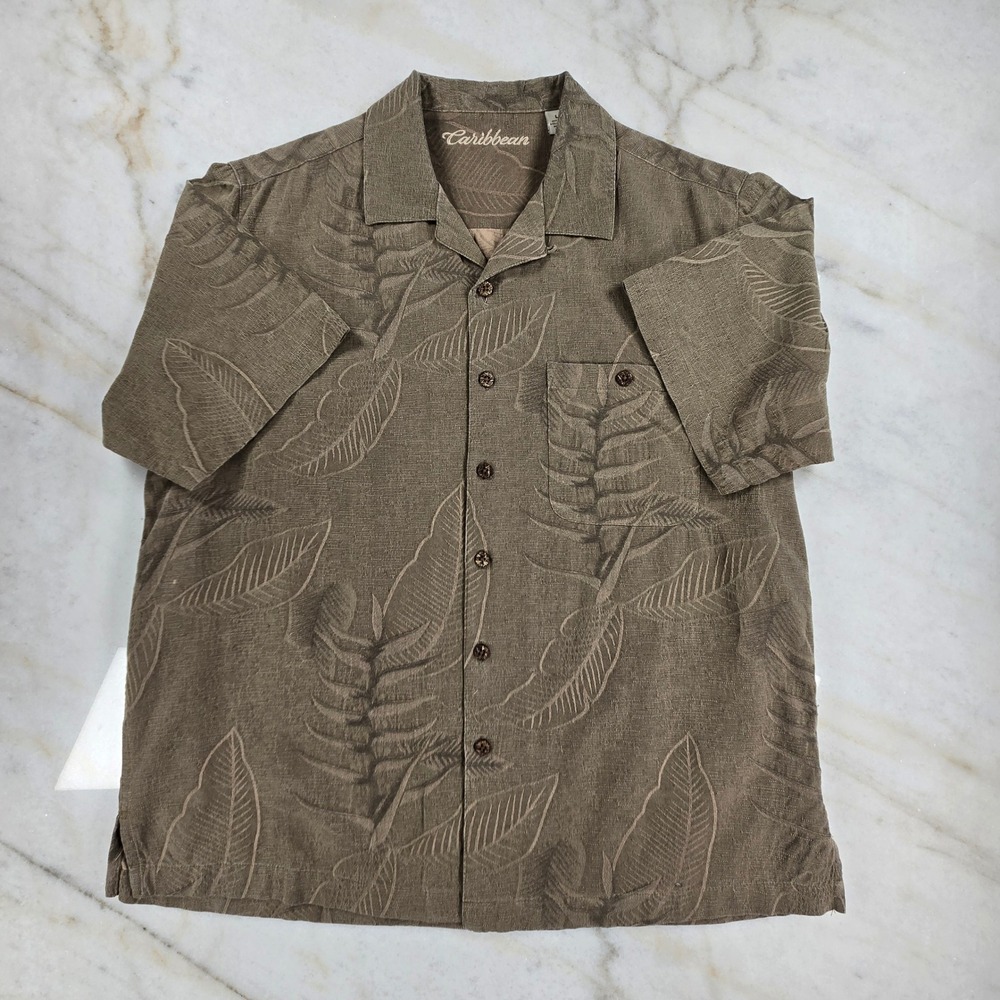 Caribbean Button Up Shirt Mens L Brown Silk Blend‎ Leaf Print Hawaiian Tropical